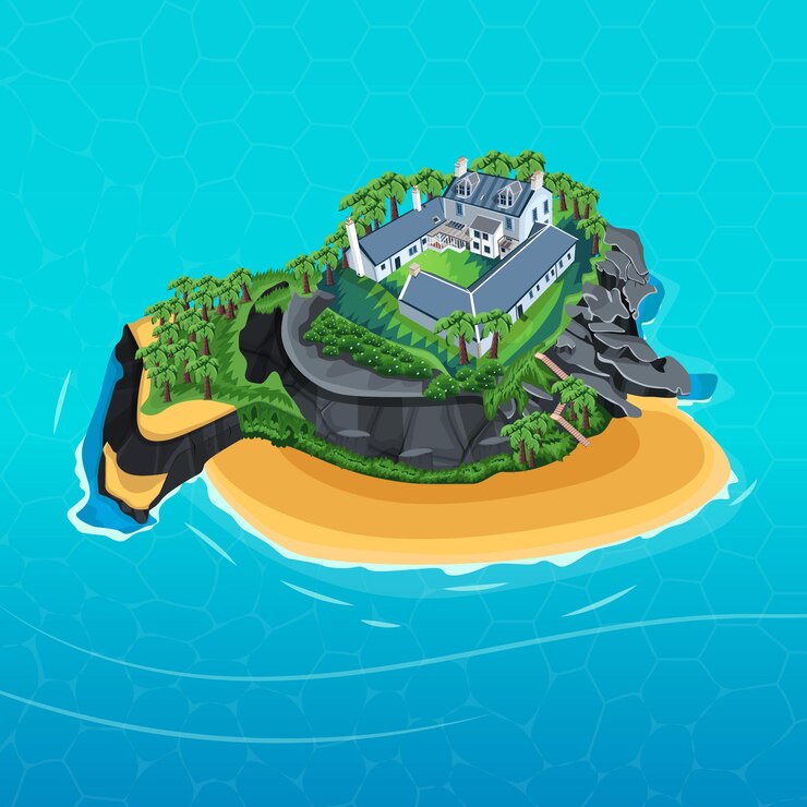 Vecteur une île isolée au milieu de l'océan , belle maison sur l'île