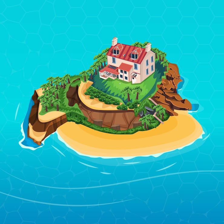 Vecteur une île isolée au milieu de l'océan , belle maison sur l'île