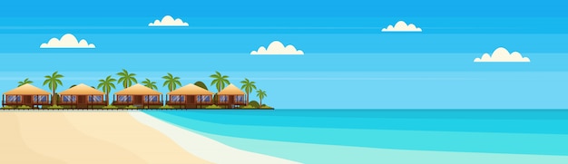 île tropicale avec hôtel villa bungalow sur plage bord de mer verdure palmiers paysage été vacances bannière plate