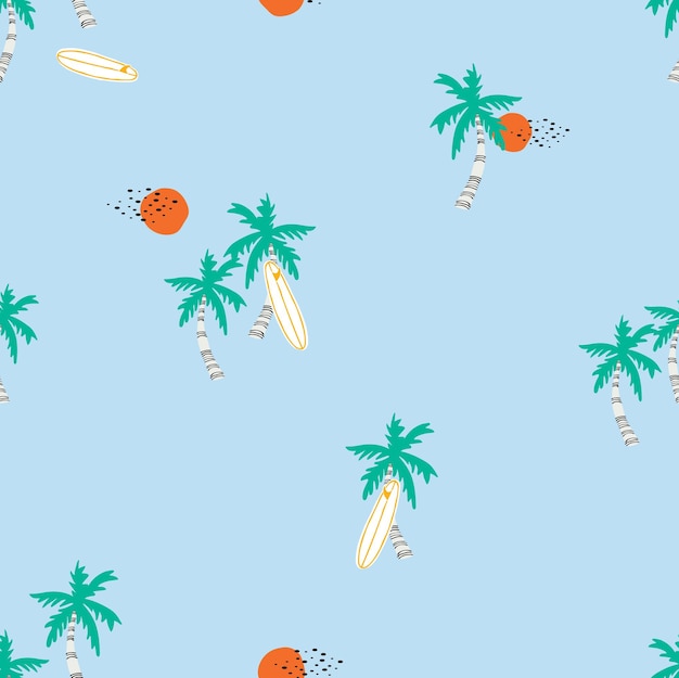 Vecteur l'île tropicale de palm surf beach avec une illustration vectorielle sans couture sur fond bleu.