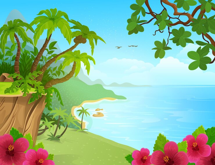 Vecteur une île tropicale avec des palmiers et des fleurs tropicales une plage insulaire avec des bungalows et des palmeraies