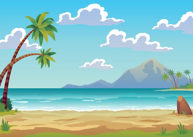 Île tropicale avec palmiers et sable jaune dans l'océan Rochers de plage inhabités entourés d'eau de mer Terre vide et personne Paysage naturel exotique pour les vacances ou les week-ends d'été