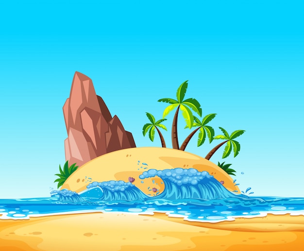 Une île tropicale et une vague