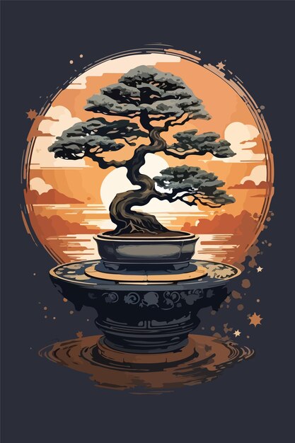 Vecteur l'illusion du coucher du soleil dans l'art du bonsai