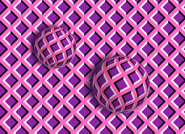 Vecteur illusion d'optique abstraite de mouvement 3d avec des boules mobiles dans des couleurs pourpres