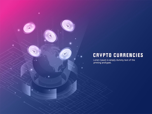 Illustration 3d Du Bitcoin Mondial Entre Les Rayons émergents Sur Fond De Circuit Bleu Et Rose Pour Le Concept De Devises Crypto.