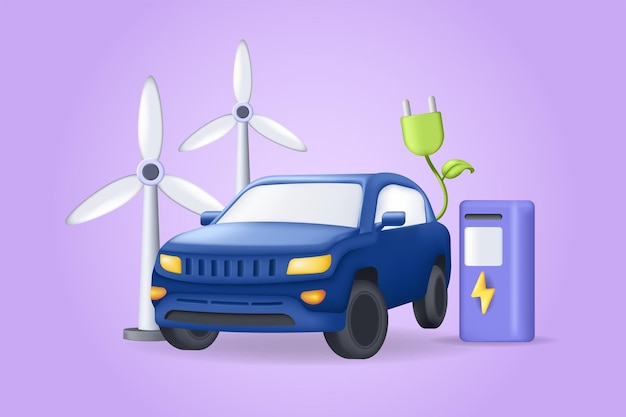 Illustration 3D du concept de voiture écologique Composition d'icônes avec une voiture électrique charge la batterie à la station