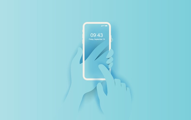 L'illustration 3d De Hand Tient Un Smartphone Avec Une Application Vide. Composez Des Dialogues Simples. Concept D'idée De Cadre De Messagerie Texte. Coupe De Papier De Conception Créative Et Artisanat Sur Fond Bleu Pastel. Image Vectorielle