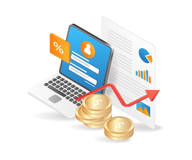 Illustration 3d isométrique à plat gagner de l'argent grâce aux affaires en ligne avec un ordinateur portable