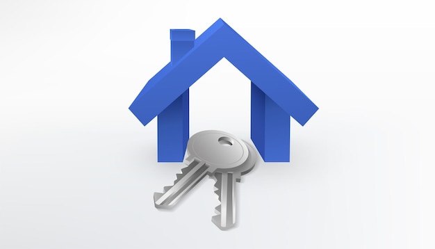 Illustration 3D d'une maison bleue avec une clé en métal argenté réaliste Parfait pour les biens immobiliers