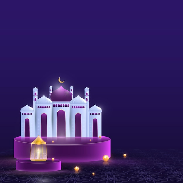 Vecteur illustration 3d d'une mosquée brillante illuminez une lanterne dorée sur un podium circulaire violet et un espace pour votre message en tant que fête islamique ramadan mubarak