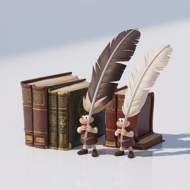 Vecteur illustration 3d de plumes et de vieux livres