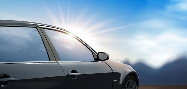 Illustration 3D d'une voiture noire générique avec le soleil brillant par derrière à l'extérieur à l'arrière-plan du ciel bleu