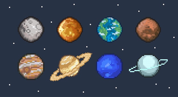 Illustration de 8 planètes en pixel art