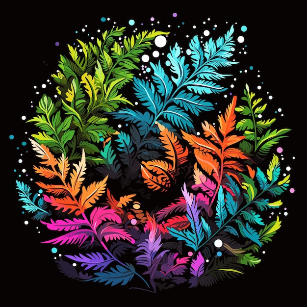 Illustration abstraite de motif floral d'explosion florale Feuilles et fleurs de fougère sur fond sombre dans un style pop art vectoriel Modèle pour affiche t-shirt autocollant, etc.