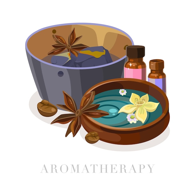 Illustration Des Accessoires D'arôme Et De Spa Les Assainisseurs D'air Aux Huiles Aromatiques Voient Les Sels, Les Bougies Aromatiques Et Le Parfum Dans Un Style Détaillé Illustration Pour Les Studios D'aromathérapie Et Les Salons De Massage