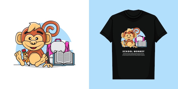 Illustration de l'adorable singe tenant un crayon prêt à rentrer à l'école avec un design de t-shirt