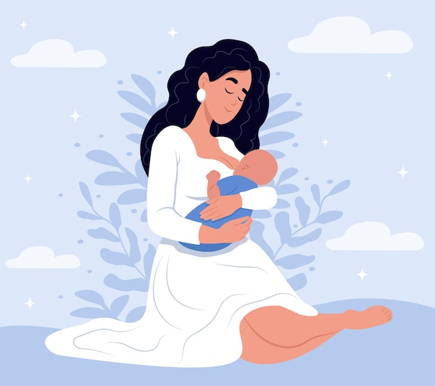Vecteur illustration de l'allaitement maternel, une mère allaite un enfant illustrations en style dessin animésemaine mondiale de l'allaitement maternel, 17 août