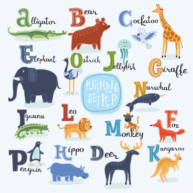 Vecteur illustration de l'alphabet dessin animé mignon animaux souriants de a à h avec des noms anglais