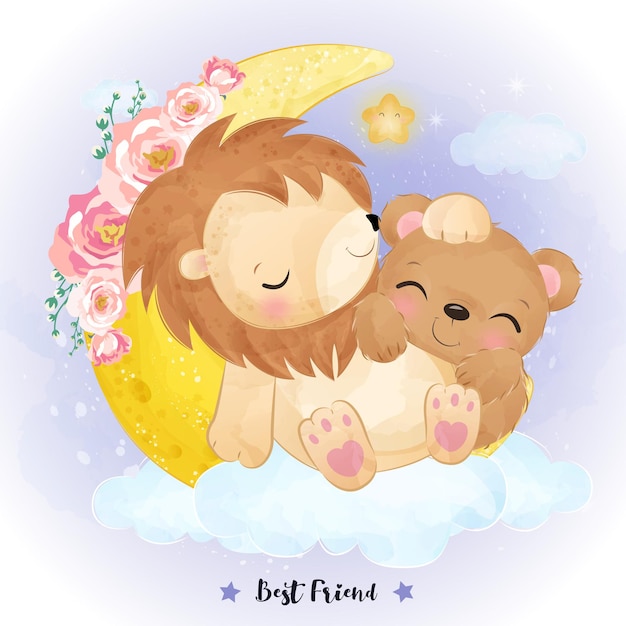 Illustration D'amitié Mignonne Lion Et Ours à L'aquarelle