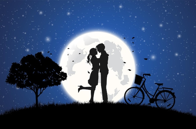 Illustration de l'amour et de la Saint-Valentin, avec un amant s'embrassant à la pleine lune