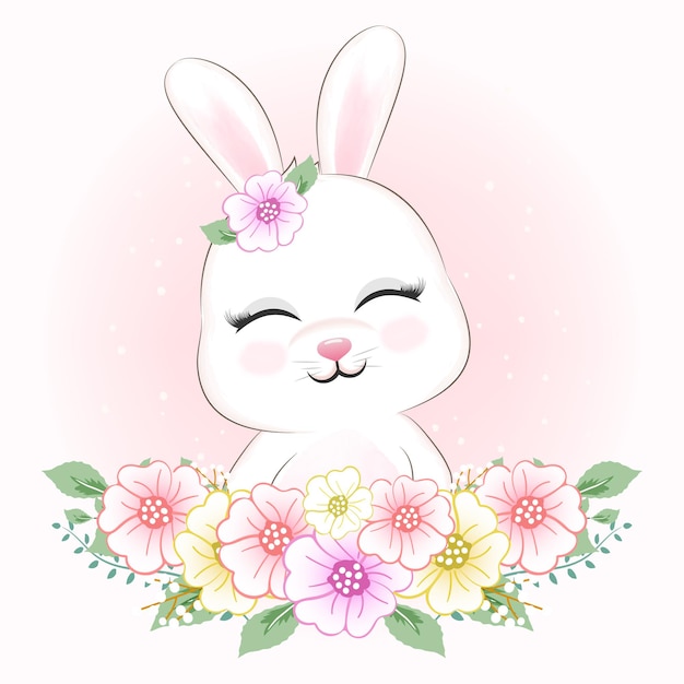 Illustration Animale Mignon Lapin Et Fleurs