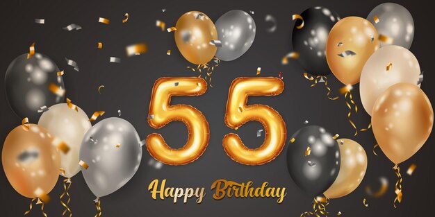 Vecteur illustration d'anniversaire festive avec des ballons d'hélium blanc noir et or grand numéro 55 ballon en feuille d'or volant des morceaux brillants de serpentine et inscription joyeux anniversaire sur fond sombre