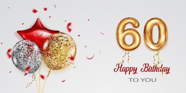 Vecteur illustration d'anniversaire festive avec des ballons d'hélium colorés grand numéro 60 ballon en feuille d'or volant des morceaux brillants de serpentine et inscription joyeux anniversaire sur fond blanc