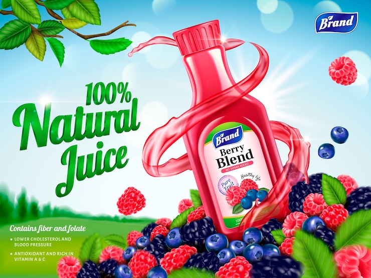 Vecteur illustration d'annonces de jus de mélange de baies naturelles