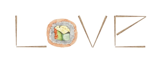 Illustration à L'aquarelle D'un Amateur De Sushi. Amour Du Monde Avec Des Baguettes Et Des Sushis Uramaki