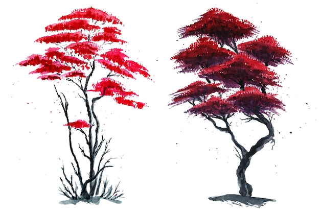 Une illustration à l'aquarelle d'un arbre de sakura Arbre aux feuilles rouges