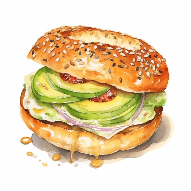 Vecteur illustration aquarelle de bagel à l'avocat sur fond blanc