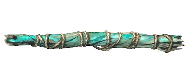 Illustration à L'aquarelle D'un Bâton D'arbre Une Branche Peinte En Couleur Turquoise Texturée Enveloppée
