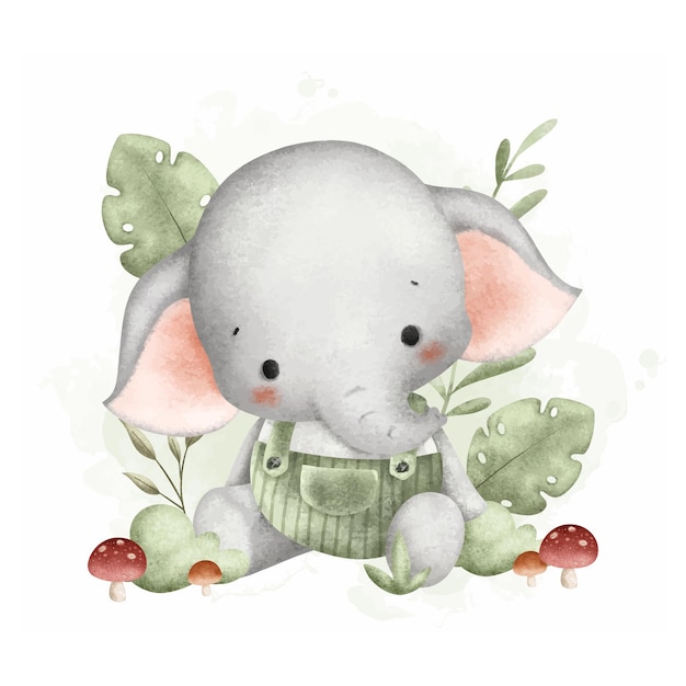 Illustration à l'aquarelle Bébé éléphant mignon avec des feuilles et des champignons