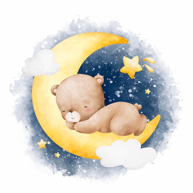 Illustration Aquarelle Bébé Ours En Peluche Dormant Sur La Lune