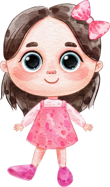 Vecteur illustration à l'aquarelle d'une belle fille mignonne avec de grands yeux dans une robe rose