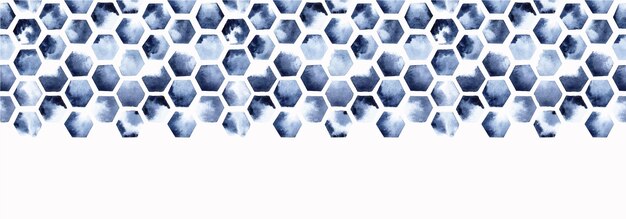 illustration aquarelle bordure transparente motif de carreaux hexagonaux abeille nid d'abeille bleu indigo