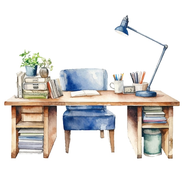 Illustration à L'aquarelle D'un Bureau Avec Une Chaise Bleue Et Une Lampe