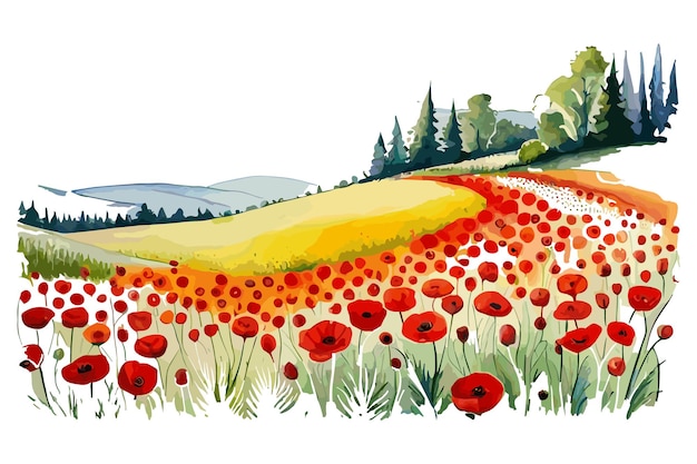 Vecteur illustration à l'aquarelle d'un champ de coquelicots rouges dans un champ