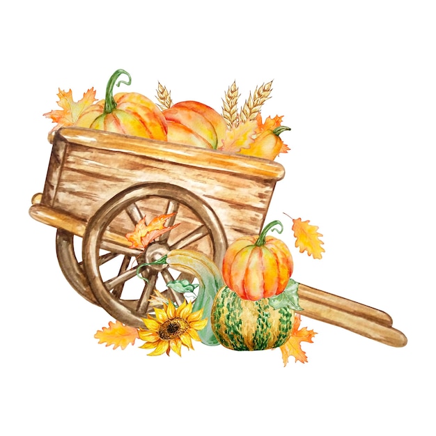 Illustration aquarelle de citrouilles d'automne dans une composition de chariot