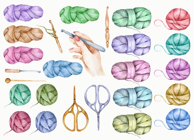 Illustration aquarelle de concept de logo de tricot, ensemble d'outils de tricot et de crochet