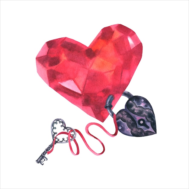 Illustration Aquarelle De Cristal De Diamant Coeur De Couleur Rose Avec Serrure Et Clé Sur Ruban