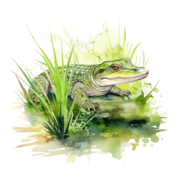 Illustration Aquarelle D'un Crocodile Sur Fond D'herbe Verte