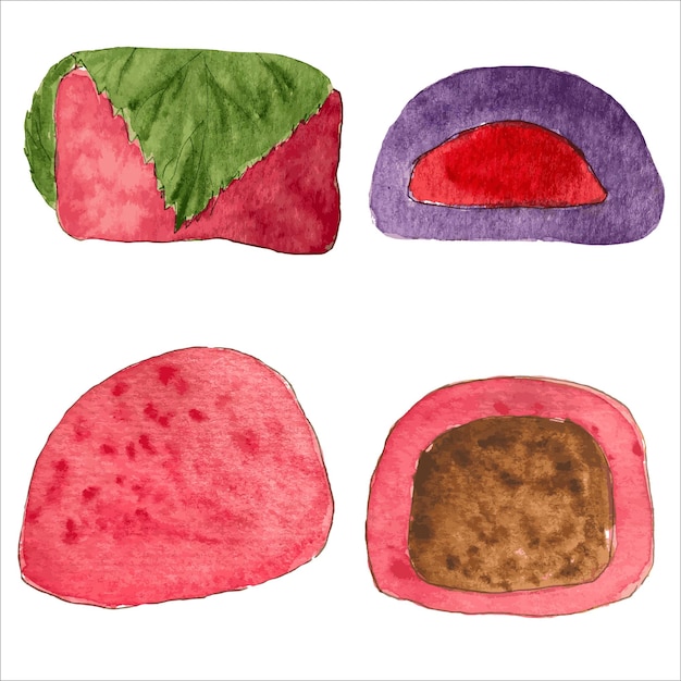 Illustration Aquarelle De Daifuku Mochi Aux Fruits Kiwi Fraise Pêche Dessert Japonais Swee