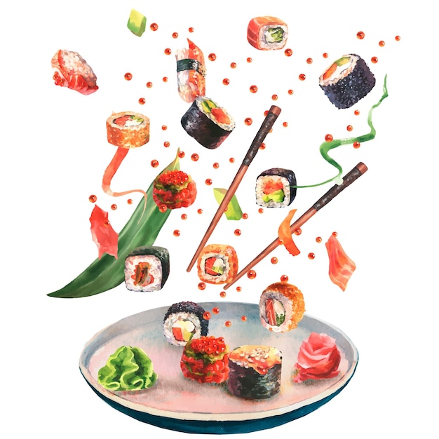 Illustration à l'aquarelle de délicieux sushis et petits pains avec baguettes et assiette en mouvement.