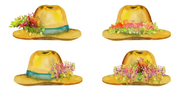 Vecteur illustration à l'aquarelle dessinée à la main accessoire de jardinage de printemps chapeau de soleil en paille avec des fleurs et des feuilles