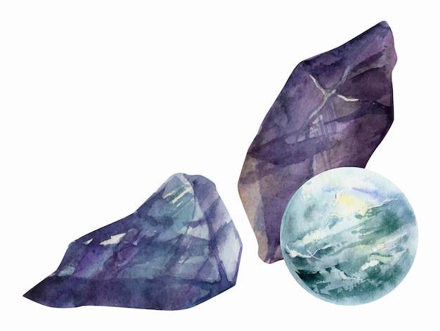 Illustration à L'aquarelle Dessinée à La Main Bijoux Semi-précieux Pierres Précieuses Cristaux Chakra Pierre De Naissance Améthyste Fluorite Aquamarine Composition Isolée Fond Blanc Design Imprimerie Bijoux Mode