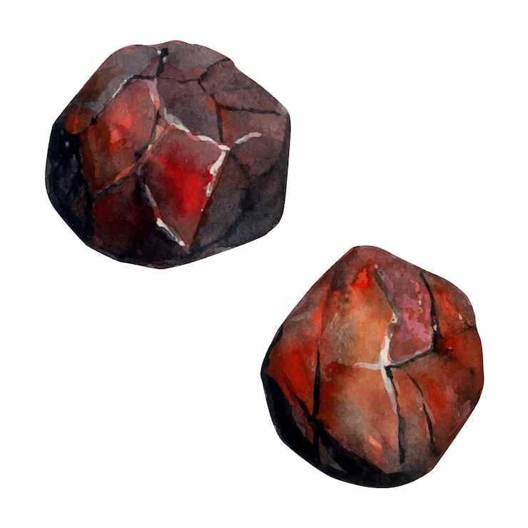 Vecteur illustration à l'aquarelle dessinée à la main bijoux semi-précieux pierres précieuses cristaux chakra pierre de naissance granat rubis agate ensemble d'objets isolés sur fond blanc design imprimerie bijoux mode