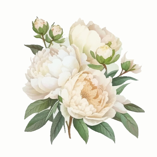 Illustration aquarelle dessinée à la main du beau vecteur de pivoine blanche isolé sur fond blanc