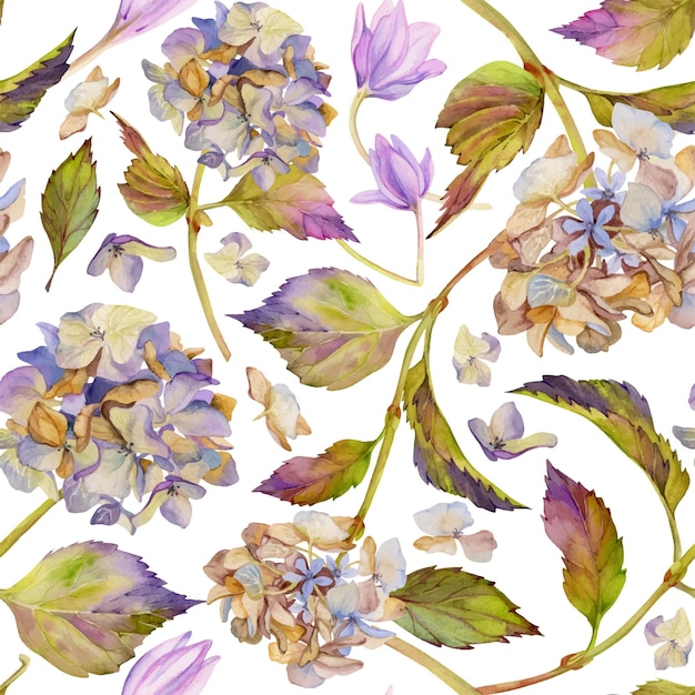 Vecteur illustration à l'aquarelle dessinée à la main fleurs botaniques shabby boho feuilles d'hortensia violet